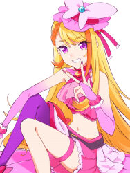 1girl ankle_boots bad_id bad_pixiv_id belt black_belt blonde_hair boots bow bow_skirt braid braided_bangs bridal_gauntlets brooch butterfly_hat_ornament commentary crop_top cropped_shirt cure_butterfly elbow_gloves frilled_shirt frills gloves grin haruru_(dontacocon) hat hat_ornament highres hijiri_ageha hirogaru_sky!_precure jewelry long_hair looking_at_viewer magical_girl midriff miniskirt mob_cap multicolored_hair navel orange_hair pantyhose pink_boots pink_gloves pink_hat pink_nails pink_shirt pink_skirt pleated_skirt precure purple_eyes purple_pantyhose red_bow shirt showgirl_skirt simple_background single_leg_pantyhose sitting skirt sleeveless sleeveless_shirt smile solo streaked_hair symbol-only_commentary thigh_strap tilted_headwear two-tone_hair v very_long_hair white_background wing_brooch