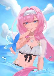 1girl bikini blue_eyes blue_sky breasts e_e332 elf elysia_(honkai_impact) elysia_(miss_pink_elf)_(honkai_impact) elysia_(summer_miss_elf)_(honkai_impact) hairband hashtag-only_commentary highres honkai_(series) honkai_impact_3rd jewelry large_breasts long_hair looking_at_viewer navel necklace ocean official_alternate_costume outdoors partially_submerged pink_hair pink_pupils pointy_ears shell shell_necklace sky smile solo stomach swimsuit white_bikini white_hairband