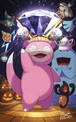 Rule 34 | :d, arm up, black eyes, closed eyes, commentary request, dreepy, fangs, gen 1 pokemon, gen 2 pokemon, gen 4 pokemon, gen 5 pokemon, gen 6 pokemon, gen 8 pokemon, highres, hisuian zorua, honedge, jack-o&#039;-lantern, nintendo, on head, open mouth, pokemon, pokemon (creature), pokemon on head, quagsire, rotom, rotom (normal), signature, sinistea, slowpoke, smile, standing, tatsumi (panneko), terastallization, tongue, yamask