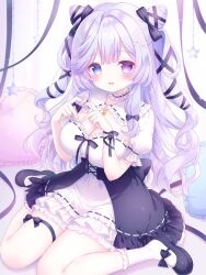 1girl :d black_bow black_dress black_ribbon blue_eyes blush bow breasts choker cleavage collarbone dress frilled_dress frills full_body hair_between_eyes hair_bow hair_ornament hair_ribbon heart highres large_breasts long_hair long_sleeves looking_at_viewer mary_janes open_mouth original puffy_short_sleeves puffy_sleeves purple_eyes purple_hair ribbon shirt shoes short_sleeves sitting skirt smile socks solo stuffed_animal stuffed_toy tail twintails two_side_up usami_cocoa very_long_hair wariza white_dress