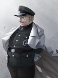 Rule 34 | 1boy, arms behind head, black pants, blonde hair, coat, cross, glasses, gloves, grin, hat, hellsing, highres, iron cross, major (hellsing), majorette (artist), medal, military, nazi, necktie, pants, short hair, smile, solo, ss uniform, white coat, white gloves