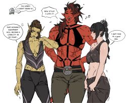 Rule 34 | 3girls, abs, alternate costume, anger vein, baldur&#039;s gate, baldur&#039;s gate 3, belt, black hair, black nails, black pants, black shirt, braid, braided ponytail, broken horn, brown hair, cbb (tuucoo), chest harness, chinese commentary, circlet, collarbone, colored skin, commentary request, cosplay, costume switch, cowboy shot, crop top, curled horns, demon girl, demon horns, dungeons & dragons, elf, english text, facial tattoo, frown, gith (dungeons &amp; dragons), grey pants, grey shirt, hands on own hips, harness, horns, karlach, karlach (cosplay), lae&#039;zel, lae&#039;zel (cosplay), medium hair, midriff, multicolored hair, multiple girls, muscular, muscular female, musical note, navel, o-ring, open mouth, pants, plunging neckline, pointy ears, red hair, red skin, scar, scar on arm, scar on chest, scar on face, scar on nose, shadowheart (baldur&#039;s gate), shadowheart (baldur&#039;s gate) (cosplay), shirt, simple background, single braid, sleeveless, sleeveless shirt, smile, speech bubble, standing, streaked hair, tattoo, tav (baldur&#039;s gate), tiefling, two-tone hair, white background, yellow skin