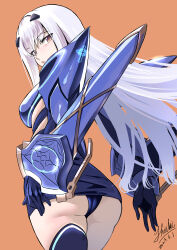 1girl absurdres armor armored_dress ass back blue_armor blue_dress blue_panties blue_thighhighs breastplate breasts brown_eyes dress fate/grand_order fate_(series) faulds forked_eyebrows highres long_hair looking_at_viewer looking_back mask melusine_(fate) melusine_(first_ascension)_(fate) panties parted_lips pauldrons shiki_(love-saber) short_dress shoulder_armor sidelocks small_breasts solo thighhighs thighs underwear weapon white_hair