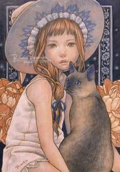 1girl bare_shoulders brown_eyes brown_hair cat commentary_request dress expressionless flat_chest flower hair_over_shoulder hat highres long_hair looking_at_viewer oil_painting_(medium) original painting_(medium) parted_lips ringodrawing short_dress sitting solo traditional_media white_dress witch_hat