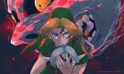 1boy belt black_sclera blonde_hair blue_eyes brown_belt clenched_teeth colored_sclera commentary facial_mark fierce_deity fingernails green_hat green_tunic hat heterochromia highres holding holding_mask link long_pointy_ears looking_at_viewer male_focus mask moon_(zelda) nanananana0706 nintendo open_mouth parted_hair pointy_ears short_sleeves solo teeth the_legend_of_zelda the_legend_of_zelda:_majora&#039;s_mask tunic twitter_username unworn_mask veins white_hair yellow_eyes young_link