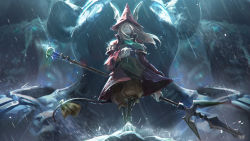 1girl :&lt; animal_ears black_footwear black_jacket blonde_hair blue_eyes blurry blurry_background bow brown_pants closed_mouth facing_viewer final_fantasy final_fantasy_ix freija_crescent furry furry_female giant hair_over_eyes highres holding holding_jewelry holding_necklace holding_polearm holding_weapon hozure jacket jewelry mouse_ears mouse_girl mouse_tail necklace orange_bow original outdoors pants polearm rain solo_focus standing tail tail_bow tail_ornament weapon