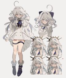 1girl absurdres ahoge ascot bad_anatomy black_shoes blue_ascot blue_brooch blue_eyes blue_hair blue_nails closed_mouth design_speculation dress drill_hair fingernails furina_(genshin_impact) furina_(old_design)_(genshin_impact) genshin_impact grey_background hair_between_eyes heterochromia highres legs long_hair looking_at_viewer multicolored_hair multiple_views nail_polish note_nii official_alternate_costume prototype_design shoes sidelocks simple_background standing streaked_hair two-tone_hair white_dress white_hair