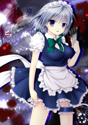 1girl absurdres asazuki_kanai blue_eyes braid breasts clock female_focus highres izayoi_sakuya kanai_amachi knife maid maid_headdress short_hair silver_hair solo throwing_knife touhou twin_braids weapon