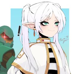 Rule 34 | 1boy, 1girl, absurdres, capelet, doom (series), doomguy, earrings, elf, floating earrings, frieren, highres, jewelry, parted bangs, pointy ears, praetor suit, rumi (rumigawa31), shirt, smile, sousou no frieren, striped clothes, striped shirt, twintails, white capelet