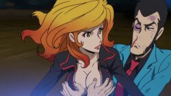 arsene_lupin_iii blood breasts grabbing_another&#039;s_breast grabbing_from_behind grope_from_behind groping groping_breast groping_motion jacket leather leather_jacket lupin_iii medium_breasts mine_fujiko nosebleed pervert riding surprised