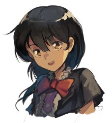 1girl black_hair black_shirt bow bowtie brown_eyes cropped_torso highres houjuu_nue kornod looking_at_viewer medium_hair red_bow red_bowtie shirt short_sleeves solo touhou upper_body white_background
