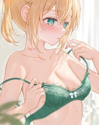 Rule 34 | 1girl, @ @, absurdres, aqua eyes, blonde hair, blush, bra, breasts, cleavage, commentary request, double-parted bangs, ebihurai, green bra, hair between eyes, hickey, highres, hololive, kazama iroha, lace, lace-trimmed bra, lace trim, lingerie, paid reward available, ponytail, small breasts, solo, strap pull, sweat, underwear, undressing, upper body, virtual youtuber
