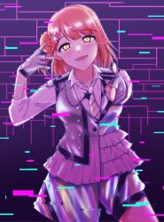 1girl artist_name artist_request blush braid braided_bun break_the_system break_the_system_(love_live!) breasts buttons chain collared_dress cross-laced_footwear dress epaulettes female_focus fingerless_gloves gloves green_eyes hair_bun hair_ornament hairclip highres layered_skirt looking_at_viewer love_live! love_live!_nijigasaki_high_school_idol_club love_live!_school_idol_festival miniskirt necktie orange_hair parted_lips pink_necktie plaid_clothes plaid_dress plaid_skirt pleated pleated_dress pleated_skirt pointing pointing_at_viewer purple_background red_hair short_hair shorts shorts_under_skirt side_bun single_side_bun skirt three-quarter_sleeves small_breasts smile solo star_(symbol) star_hair_ornament striped_neckwear uehara_ayumu white_dress white_gloves white_neckwear white_shorts white_skirt wing_collar yellow_eyes