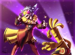 Rule 34 | 1boy, alternate color, coin, colored skin, gholdengo, highres, jewelry, kththeartist, lear (pokemon), lear (sygna suit) (pokemon), male focus, multicolor-tinted eyewear, multiple rings, nintendo, official alternate costume, open mouth, pokemon, pokemon (creature), pokemon masters ex, purple background, ring, signature, sparkle, spotlight, tinted eyewear, treasure chest