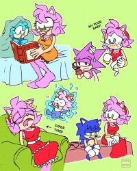 aged_up amy_rose baby bare_legs barefoot bed bed_time blanket blue_fur blue_hair book bow bracelet child comforting couch crying crying_with_eyes_open dorefatum dress earrings feet floating glasses gloves hairband highres injured jewelry legs levitation mature_female medium_hair mother_and_daughter mother_and_son pajamas pink_fur pink_hair purple_fur purple_hair reading saliva sega sitting sleeping sonic_(series) sweatdrop tail tape tears wavy_mouth worried worried_look