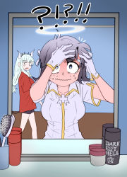 !? angel azazel_(helltaker) blue_eyes breasts corruption cross ddolbang demon_girl gloves hair_brush hair_dye hair_ornament hair_ribbon halo helltaker highres horns lucifer_(helltaker) mirror mole mole_under_eye multiple_girls nervous nervous_smile open_mouth pentagram red_eyes red_shirt ribbon shirt short_hair short_sleeves shorts smile sweat sweatdrop wavy_mouth white_gloves worried