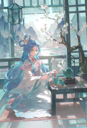 1girl absurdres animal blue_hair cat chinese_clothes closed_mouth cup dress flower green_eyes hair_flower hair_ornament hair_rings hanfu highres holding kettle long_hair long_sleeves original seiza shu_bing sitting smile solo table tea teacup teapot very_long_hair white_dress wide_sleeves
