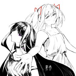 2girls akemi_homura akuma_homura bare_shoulders black_choker black_hair blush bo4turtle bow chibi chibi_inset choker collarbone dress earrings expressionless gem hair_bow hair_ribbon hairband highres jewelry kaname_madoka limited_palette long_hair looking_at_viewer mahou_shoujo_madoka_magica mahou_shoujo_madoka_magica:_hangyaku_no_monogatari monochrome multiple_girls offering_hand purple_eyes purple_gemstone red_hairband ribbon short_hair short_twintails smile soul_gem twintails white_background white_choker white_dress