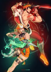 1boy 1girl ancient_greek_clothes animal_skull armlet asymmetrical_arms bare_shoulders barefoot black_hair black_sclera blonde_hair brother_and_sister colored_sclera crescent dagger dress facial_hair fighting_stance goatee_stubble greco-roman_clothes hades_(series) hades_1 hades_2 holding holding_sickle holding_sword holding_weapon jewelry knife laurel_crown looking_to_the_side melinoe_(hades) mismatched_sclera muscular muscular_male off-shoulder_dress off_shoulder red_dress see-through_body short_hair siblings sigil signature single_bare_shoulder stubble sword weapon yeiko_art zagreus_(hades)