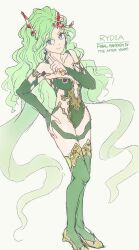 1girl bare_shoulders blue_eyes breasts bridal_gauntlets closed_mouth clothing_cutout earrings final_fantasy final_fantasy_iv final_fantasy_iv:_the_after_years full_body green_leotard green_thighhighs hair_ornament highres jewelry leotard light_green_hair long_hair looking_at_viewer medium_breasts over-kneehighs rydia_(ff4) sa_kichi side_cutout simple_background smile solo standing thighhighs very_long_hair white_background