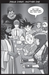 Rule 34 | 2girls, 6+boys, aang, alcohol, avatar: the last airbender, avatar legends, beard, breasts, death note, death note (object), dragon ball, dragonball z, facial hair, fingerless gloves, ghost in the shell, gloves, highres, jesus, josh luna, katana, kusanagi motoko, mach go go go, mifune gou, multiple boys, multiple girls, ryuk, shinigami, son goku, sword, the bible, water, weapon, wine, yagami light