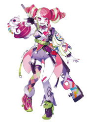 1girl asymmetrical_footwear chameleon choker drill_hair full_body green_hair happy highres looking_at_viewer mismatched_footwear multicolored_hair nail_polish original pink_eyes puppeteer7777 red_eyes red_hair smile solo spiked_choker spikes twin_drills two-tone_hair