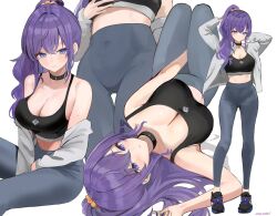 1girl artist_name asahina_mafuyu black_choker black_shoes black_sports_bra breasts choker cleavage grey_pants high_ponytail highres jacket large_breasts long_hair multiple_views open_clothes open_jacket pants ponytail project_sekai purple_eyes purple_hair shoes simple_background sneakers sports_bra sweatpants usagi_melon3 white_background white_jacket