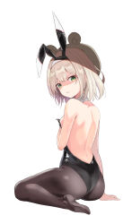 absurdres animal_ear_hairband animal_ears bear_hat black_leotard black_pantyhose blonde_hair breasts detached_collar fake_animal_ears gimhyeo09366967 green_eyes hairband highres leotard looking_at_viewer looking_back original pantyhose playboy_bunny rabbit_ears shaded_face short_hair simple_background small_breasts strapless strapless_leotard v-shaped_eyebrows white_background