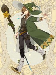 Rule 34 | 1boy, bangle, belt, black pants, black shirt, black shoes, blue gemstone, bracelet, brown belt, brown hair, coat, collared shirt, dairoku ryouhei, flower, full body, gaiters, gem, green coat, green eyes, green hat, hair between eyes, hair over shoulder, hair ribbon, hat, hat ornament, holding, holding staff, hood, hood down, hooded coat, jewelry, l (matador), leaf hat ornament, long hair, looking at viewer, low ponytail, mage staff, male focus, med earth, multiple belts, open clothes, open coat, open collar, outstretched arm, pants, pendant, plant, ponytail, pouch, ribbon, shirt, shoes, sidelocks, sleeves rolled up, solo, sparkle, staff, standing, standing on one leg, tareme, thigh pouch, vines, witch hat, yellow background, yellow flower, yellow ribbon