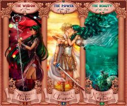 3girls air_bubble armlet bishoujo_senshi_sailor_moon blonde_hair blood blood_on_clothes boots bubble cape coral dark-skinned_female dark_skin dress earrings garnet_rod green_hair holding holding_sword holding_weapon jewelry kaiou_michiru kay-i kiss long_hair md5_mismatch meiou_setsuna multiple_girls neptune_symbol pluto_symbol red_dress red_eyes red_footwear resized short_hair side_slit space_sword staff sword ten&#039;ou_haruka uranus_symbol very_long_hair wavy_hair weapon white_dress wrist_cuffs yuri