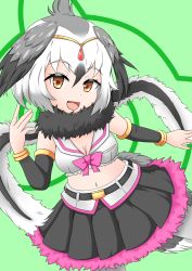 10s 1girl bad_id bad_pixiv_id bow bowtie bracelet breasts circlet cleavage feathered_wings female_focus fur_trim greater_rhea_(kemono_friends) grey_hair head_wings highres japari_symbol jewelry kemono_friends long_hair midriff multicolored_hair navel open_mouth scarf solo two-tone_hair white_hair wings yamamoto_rintarou
