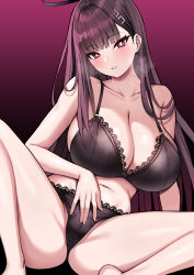 Rule 34 | 1girl, absurdres, ass, barefoot, black bra, black hair, black panties, blue archive, blush, bra, breasts, cameltoe, cleavage, grin, hair ornament, hairclip, halo, highres, large breasts, long hair, looking at viewer, nano (syoutamho), panties, red eyes, ringed eyes, rio (blue archive), smile, solo, spread legs, textless version, underwear, underwear only