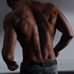 Rule 34 | 1boy, back, back muscles, black hair, commentary request, denim, dimples of venus, from behind, gradient background, grey background, highres, jeans, korean commentary, male focus, muscular, muscular male, original, pants, short hair, solmuk0, solo, standing, topless male
