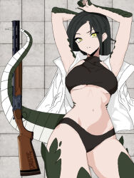 1girl absurdres arms_up black_hair breasts floor gun highres lizard_tail looking_at_viewer lying medium_breasts monster_girl navel on_back panties parted_lips reptile_girl scales scp-682 scp_foundation solo tail underboob underwear weapon yellow_eyes