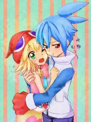 1boy 1girl amitie_(puyopuyo) amitie_(puyopuyo) blonde_hair blue_eyes blue_hair green_eyes hetero heterochromia hug komeichou-69 looking_at_viewer one_eye_closed open_mouth puyopuyo puyopuyo_fever puyopuyo_fever_2 red_eyes sega shirt short_hair sig_(puyopuyo) sleeveless sleeveless_shirt surprised upset