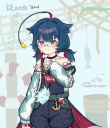 &gt;:) 1girl absurdres ahoge anchor_necklace anglerfish_girl bare_shoulders belt bioluminescence blue_hair blue_overalls choker commentary detached_sleeves english_commentary evil_smile facial_mark fingernails fish fish_girl fish_skeleton fishing_line fishing_lure fishnets flat_chest gills glasses glowing hair_intakes hair_tie highres huge_ahoge indie_virtual_youtuber jewelry kitanya_(anglerfish) kitanya_nyanta lifebuoy long_fingernails lure max_(kitanya) multicolored_hair necklace overalls petite raspcrazyant red_eyes red_hair round_eyewear short_twintails shorts smile suspender_shorts suspenders swim_ring triangle triangle_facial_mark twintails upper_body v-shaped_eyebrows virtual_youtuber yellow_nails