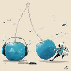 1other absurdres blue_cherry blue_jacket cherry commentary_request fish food fruit gloves headphones helmet highres holding jacket kazunoko_(kazunoko_zunoco) leaning_back musical_note original pendulum signature solo space_helmet tablet white_gloves wide_shot yellow_background