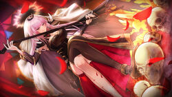 1girl :q absurdres black_cape black_dress black_nails breasts cape commentary crossed_legs dress dutch_angle halo high_heels highres holding hololive hololive_english kaji_zarame large_breasts long_hair mori_calliope mori_calliope_(1st_costume) pink_eyes pink_hair pumps shoes shoulder_spikes single_thighhigh skull sleeveless sleeveless_dress solo spikes standing thighhighs tiara tongue tongue_out torn_cape torn_clothes veil virtual_youtuber yellow_shoes