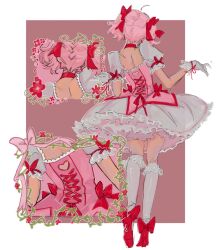 Rule 34 | 1girl, absurdres, bow, choker, dress, flower, footwear bow, from behind, gloves, hair bow, highres, kaname madoka, kaname madoka (magical girl), mahou shoujo madoka magica, mahou shoujo madoka magica (anime), mayonnai3e, multiple hair bows, pink dress, pink hair, puffy short sleeves, puffy sleeves, red bow, red choker, red flower, short sleeves, sketch, solo, white background, white gloves, zoom layer