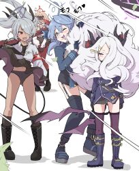 Rule 34 | 4girls, ahoge, ako (blue archive), armband, black coat, black gloves, black halo, black skirt, blue archive, blue eyes, blue hair, blue halo, bolt action, breasts, chinatsu (blue archive), coat, coat on shoulders, commentary request, dark-skinned female, dark skin, demon girl, demon horns, demon tail, demon wings, full body, glasses, gloves, grey hair, gun, halo, highres, hina (blue archive), horns, iori (blue archive), long hair, looking at viewer, mauser 98, medium breasts, medium hair, mosuke1221, multiple girls, panties, prefect team (blue archive), purple eyes, red armband, red eyes, red halo, rifle, simple background, skirt, small breasts, standing, tail, twintails, underwear, weapon, white background, white hair, wings