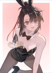 1boy :d alternate_costume animal_ears arm_behind_back artist_request banknote bare_shoulders black_bow black_bowtie black_hair black_leotard black_pantyhose black_shoes border bow bowtie collarbone commission crossdressing detached_collar eyelashes fake_animal_ears gradient_background hair_between_eyes hair_ribbon high_heels highres kneeling leotard long_hair looking_at_viewer male_focus male_playboy_bunny modao_zushi money open_mouth outside_border pantyhose pectoral_cleavage pectorals pink_background playboy_bunny ponytail purple_eyes rabbit_ears red_ribbon ribbon second-party_source shoes simple_background smile solo strapless strapless_leotard trap tucked_money wei_wuxian white_border wrist_cuffs