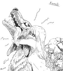 1girl 2018 2boys animal animal_hug bonedog breasts commentary_request copyright_name dated dog floppy_ears garru_(kenshi) grin highres hug kenshi kome_(nicoseiga27949230) long_hair medium_breasts monochrome multiple_boys open_mouth saliva sharp_teeth simple_background smile teeth tongue tongue_out white_background