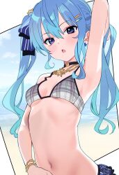 1girl =_hair_ornament absurdres alternate_costume arm_up armpits asymmetrical_sidelocks beach bikini black_choker blue_eyes blue_hair blue_ribbon bracelet choker day double-parted_bangs earrings frilled_bikini frills gradient_hair grey_bikini hair_between_eyes hair_ornament hair_ribbon hairclip hashtag-only_commentary highres holding holding_own_hair hololive hoshimachi_suisei hutaba_haru jewelry long_hair looking_at_viewer multicolored_hair navel necklace open_mouth outdoors plaid_bikini plaid_clothes ribbon solo star_(symbol) star_earrings star_in_eye stomach swimsuit symbol_in_eye twintails virtual_youtuber