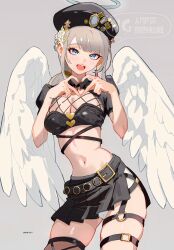 1girl :d angel angel_wings bad_proportions belt beret bike_shorts_under_skirt black_belt black_bra black_hat black_skirt black_thighhighs blue_eyes blue_halo blunt_bangs bow bra breasts cleavage cleavage_cutout clothing_cutout commentary_request cowboy_shot dragon_quest dragon_quest_x earrings feathered_wings flower four-finger_heart_hands gluteal_fold grey_background grey_hair hair_flower hair_ornament halo hat hat_bow heart heart_hands highres jewelry large_breasts lectalys looking_at_viewer low_ponytail midriff navel numao_sub o-ring o-ring_thigh_strap official_alternate_costume open_mouth ponytail puffy_short_sleeves puffy_sleeves see-through_clothes see-through_thighhighs short_sleeves shorts side_slit single_thighhigh skindentation skirt smile solo thigh_strap thighhighs underwear watermark white_flower white_shorts white_wings wings yellow_bow