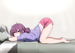 1girl absurdres barefoot black_survival blush breasts commentary_request eternal_return:_black_survival from_side hair_bun highres kimsy2099 korean_commentary large_breasts long_hair looking_at_viewer looking_to_the_side pink_hair pink_shirt pink_shorts shirt short_sleeves shorts simple_background solo stuffed_animal stuffed_rabbit stuffed_toy top-down_bottom-up