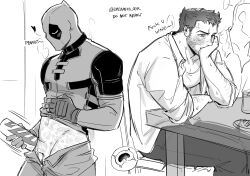 2boys anger_vein arm_hair artificial_vagina beard blush bodysuit cervix character-themed_artificial_vagina cum cuntboy deadpool deadpool_&amp;_wolverine deadpool_(series) dreaming_oor english_text erection facial_hair full-face_blush gloves heart highres male_focus marvel marvel_cinematic_universe mask monochrome multiple_boys muscular muscular_male pants pectorals penis pussy scar scars_all_over sex_toy shirt short_hair sitting superhero_costume table tearing_up teeth telepathic_sex testicles too_many uncommon_stimulation voodoo wolverine_(x-men) x-men x-ray yaoi