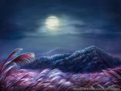 commentary_request field full_moon grass highres moon no_humans official_art outdoors scenery seisen_cerberus watermark z.dk
