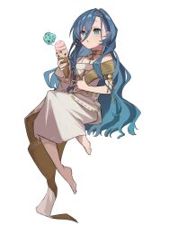 Rule 34 | 1girl, 37 (reverse:1999), :o, aisu (ahono ice), ancient greek clothes, armlet, bare shoulders, blue eyes, blue hair, food, full body, gold choker, greco-roman clothes, hair between eyes, highres, holding, holding food, holding ice cream, ice cream, invisible chair, jewelry, long hair, looking at food, multiple scoops, reverse:1999, sitting, solo, toga, very long hair, white background