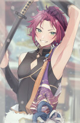 1boy absurdres arm_up armpits bangs_pinned_back black_shirt blurry blurry_background dated ensemble_stars! green_eyes high_collar highres holding holding_sword holding_weapon isara_mao japanese_clothes katana looking_at_viewer male_focus red_hair reijiro shirt short_hair sleeveless sleeveless_shirt smile solo sword weapon