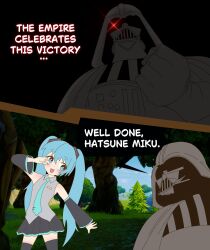 1boy 1girl absurdres aqua_eyes aqua_hair aqua_necktie armor bare_shoulders black_armor black_gloves black_helmet black_skirt black_thighhighs blue_sky collared_shirt commentary crossover darth_vader detached_sleeves english_commentary english_text fortnite gloves grass grey_shirt hatsune_miku helmet highres jongcitoo long_hair necktie open_mouth pleated_skirt shirt skirt sky star_wars thighhighs tree twintails vocaloid